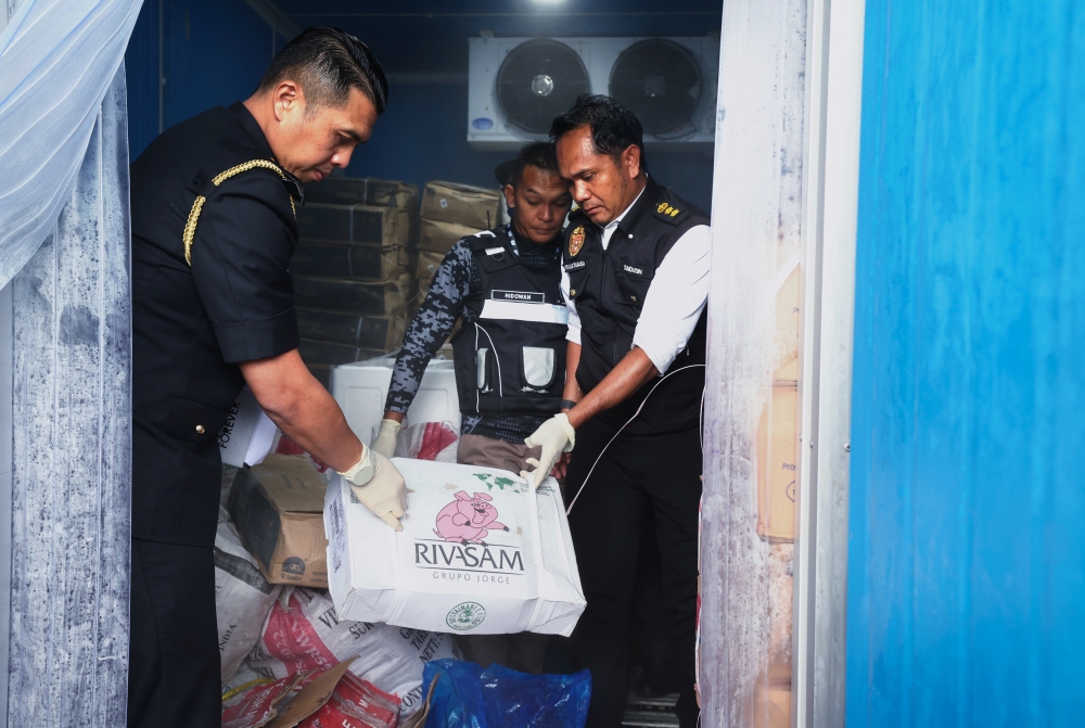 Domestic Trade and Cost of Living Ministry Sandakan branch chief enforcement officer Azdy Zukkry John (left) and Sandakan Health Office officer Ts. Sundusin Nganro (right) lift a box suspected to contain pork mixed with pieces of chicken and duck in the same container during a raid in collaboration the Department of Veterinary Services in Sandakan November 8, 2023. — Bernama pic