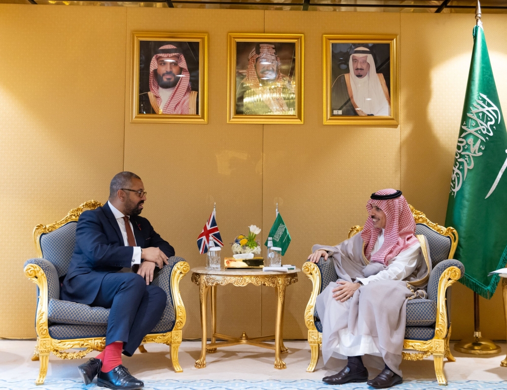 British Foreign Secretary James Cleverly meets with Saudi Arabia's Foreign Minister Prince Faisal bin Farhan Al Saud, in Riyadh, Saudi Arabia, November 9, 2023. — Saudi Press Agency handout via Reuters pic
