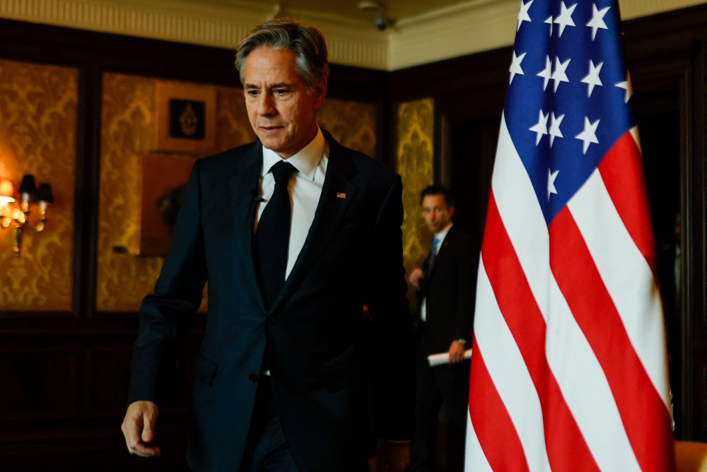 US Secretary of State Antony Blinken arrives to address the media at the end of the India-US '2 2' ministerial dialogue in New Delhi November 10, 2023. — Jonathan Ernst/Pool/AFP pic 