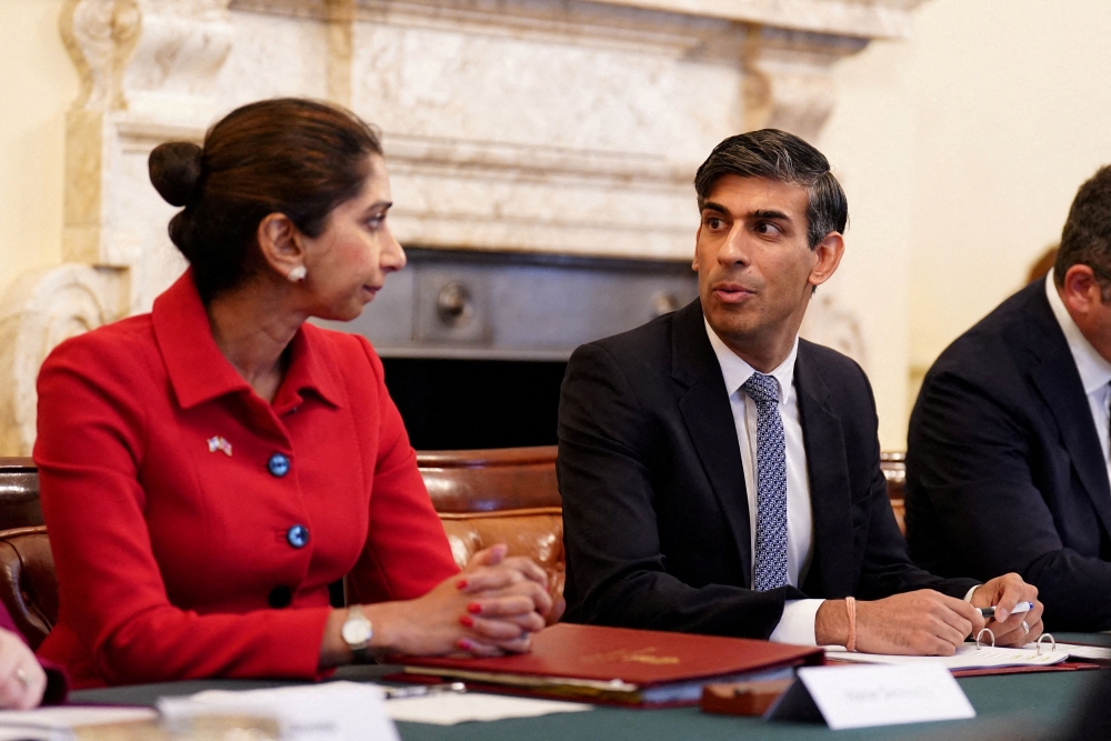 Home Secretary Suella Braverman with Prime Minister Rishi Sunak as he hosts a policing roundtable at 10 Downing Street, London October 12, 2023. — James Manning/Pool/Reuters pic