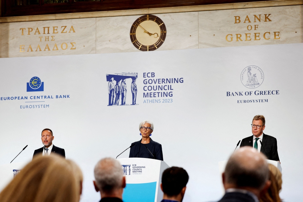 European Central Bank (ECB) President Christine Lagarde speaks to reporters following the ECB Governing Council's monetary policy meeting, in Athens October 26, 2023. — Reuters pic
