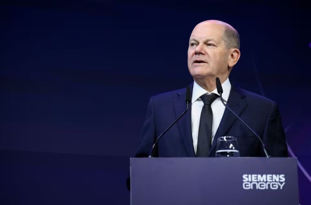 German Chancellor Olaf Scholz delivers a speech on the day of the opening of an electrolysis gigafactory in Berlin, Germany November 8, 2023. — Reuters pic