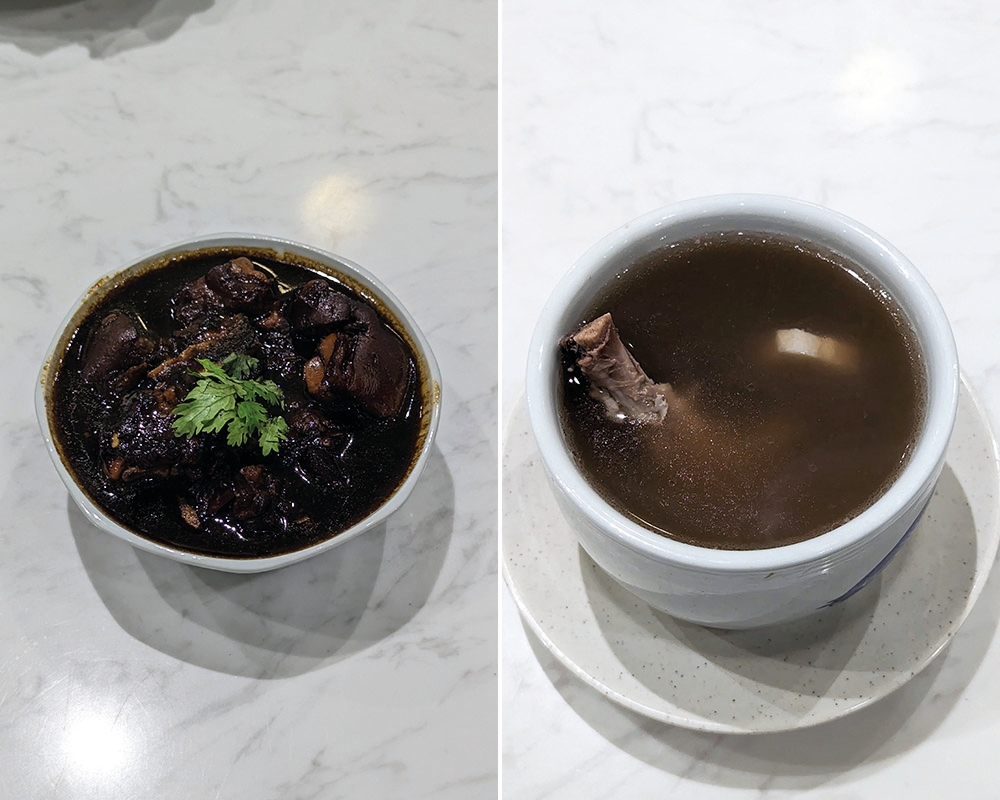 A tasty bowl of Braised Pork Knuckle that packs a serious punch (left). Soup of the day looks unassuming but is just what you need (right).