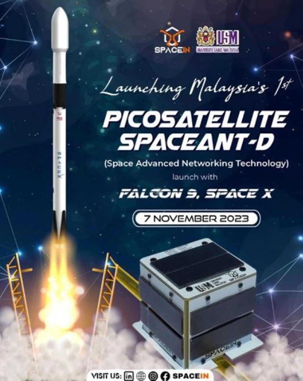 Universiti Sains Malaysia (USM) and SpaceIn Sdn Bhd, a USM spin-off company involved in small satellites and Internet of Things services, have launched Malaysia’s first picosatellite, SpaceANT-D today. — Picture via Facebook/USM Space System Lab