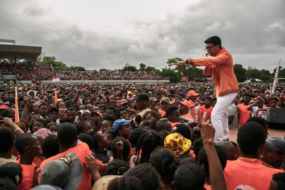 Incumbent Madagascar President Andry Rajoelina, candidate in the 2023 presidential election, speaks at a political rally during his re-election campaign, in Mahanoro. — AFP pic