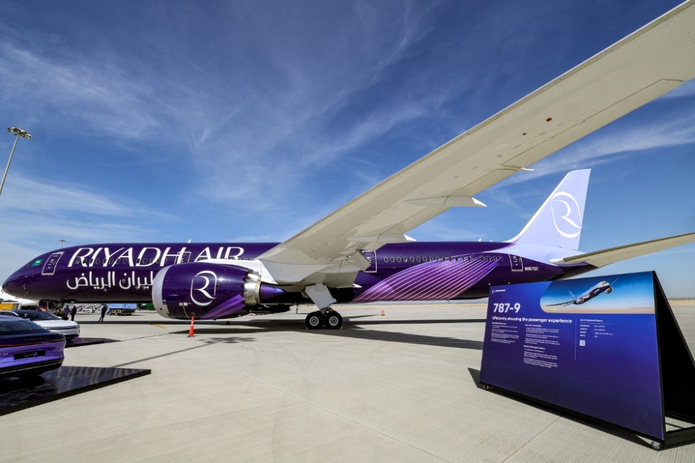 A Riyadh Air Boeing 787-9 jetliner aircraft is pictured on the tarmac during the 2023 Dubai Airshow at Dubai World Central - Al-Maktoum International Airport in Dubai on November 13, 2023. — AFP pic