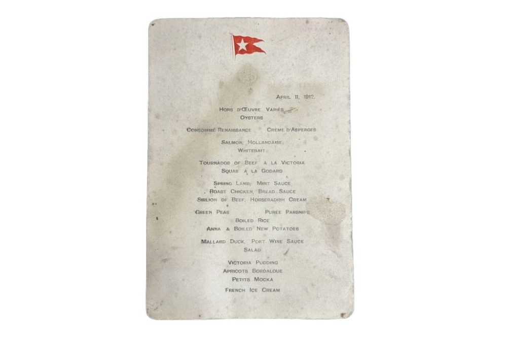 A first-class dinner menu from the Titanic's ill-fated maiden voyage offering oysters, beef and mallard duck has sold for £84,0000. — AFP pic