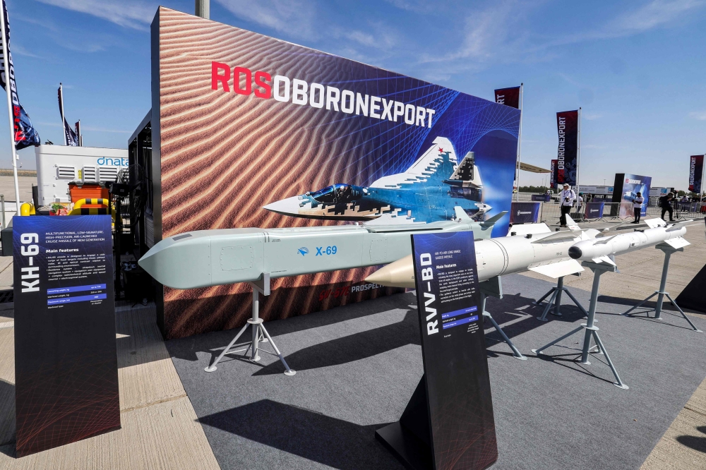 A Russian JSC Rosoboronexport KH-69 air-launched cruise missile and RVV-BD and RVV-MD2 air-to-air hypersonic long-range guided missiles are pictured during the 2023 Dubai Airshow. — AFP pic