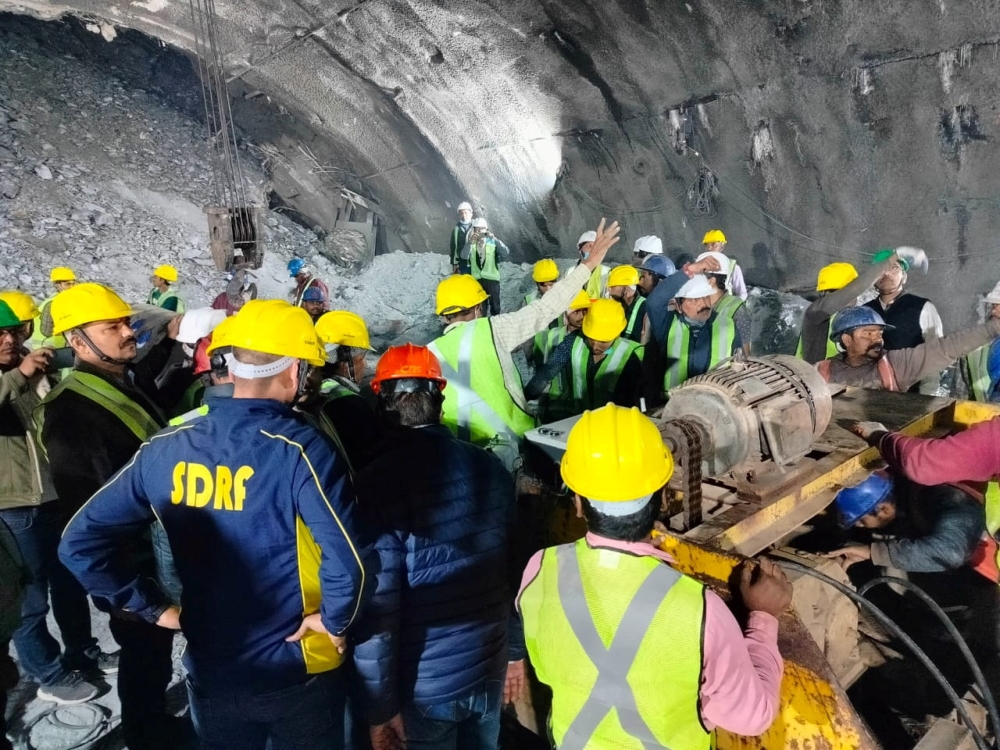 Members of rescue teams prepare to conduct a rescue operation after a portion of an under-construction tunnel collapsed in Uttarkashi in the northern state of Uttarakhand, India, November 14, 2023. — Uttarakhand State Disaster Response Force/Handout via Reuters pic