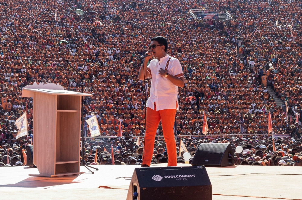 Madagascar’s outgoing president and candidate for re-election Andry Rajoelina addresses supporters during his final presidential campaign rally. — Reuters pic