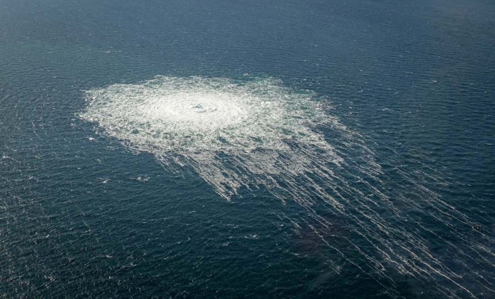 Gas bubbles from the Nord Stream 2 leak reaching surface of the Baltic Sea in the area shows disturbance of well over one kilometre  diameter near Bornholm, Denmark, September 27, 2022.  — Danish Defence Command handout via Reuters pic