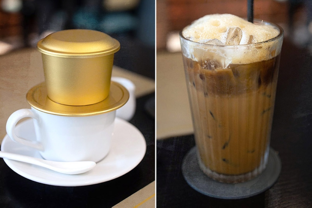 Vietnamese drip coffee (left) and iced Vietnamese coffee (right).