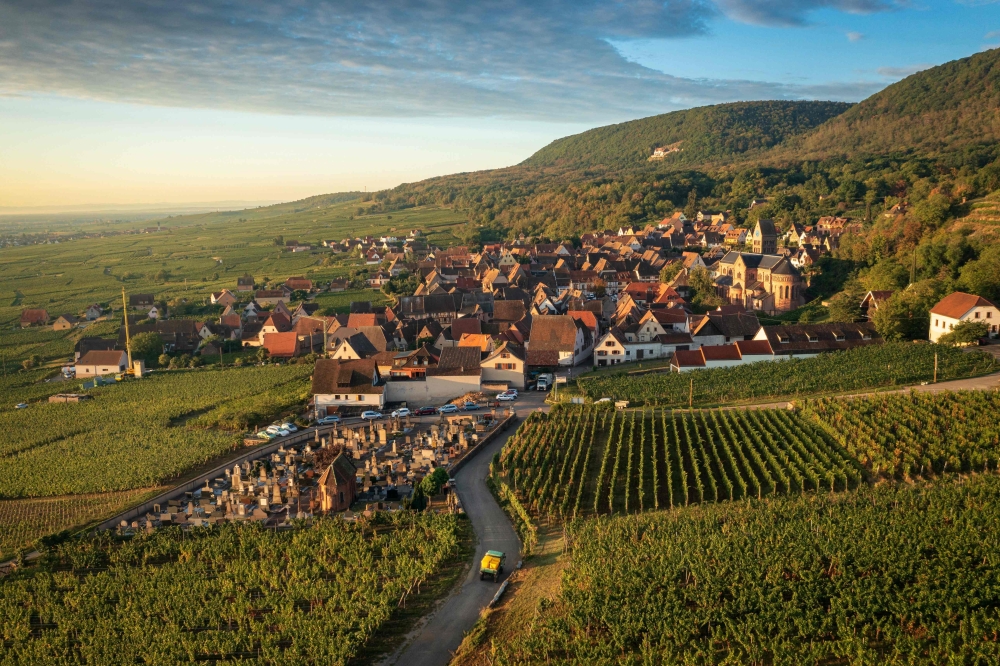 This aerial picture taken on September 20, 2023, shows vineyards surrounding the alsacian village of Gueberschwihr. — AFP pic