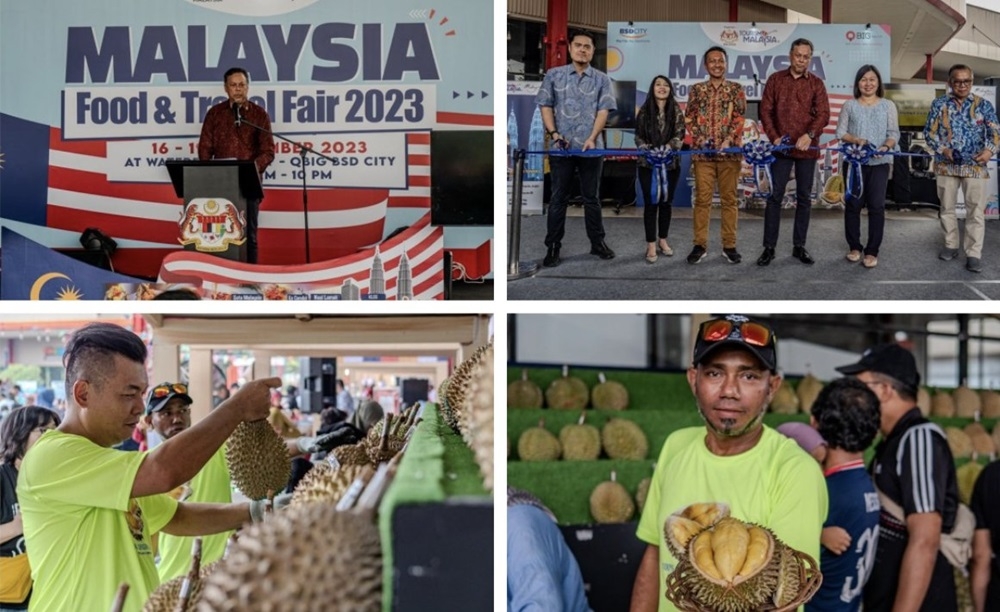 Malaysian ambassador to Indonesia Datuk Syed Md Hasrin Tengku Hussin (top left) delivers a speech at the Malaysia Food and Travel Fair 2023 at QBig BSD City Tangerang in Banten. — Picture via X/Bernama