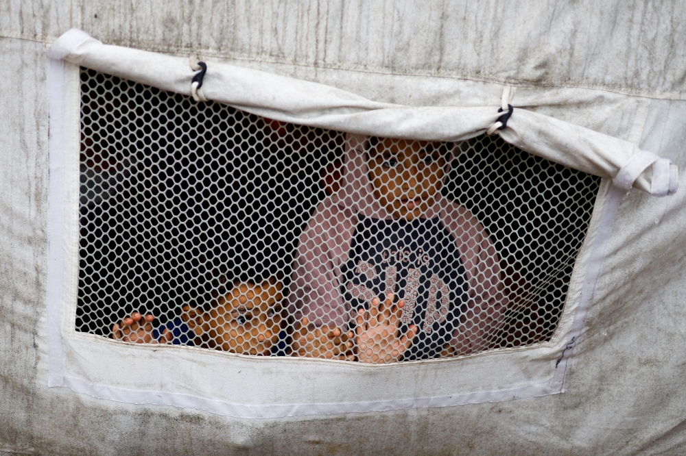 Palestinian children look out from a tent following a rainfall, amid the ongoing conflict between Israel and Palestinian Islamist group Hamas, in Khan Younis in the southern Gaza Strip, November 19, 2023. — Reuters pic
