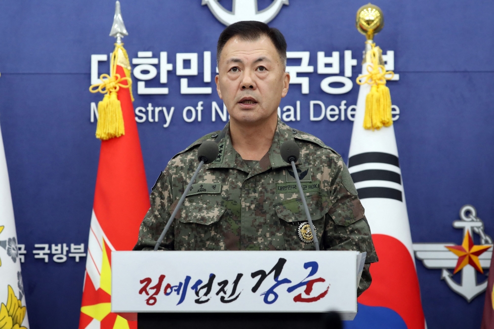 This handout photo taken and released on November 20, 2023 by the South Korean Defence Ministry shows Kang Ho-pil, Chief Directorate of Operations at South Korea's Joint Chiefs of Staff, speaking during a press briefing at the Defence Ministry in Seoul.— AFP pic/South Korean Defence Ministry