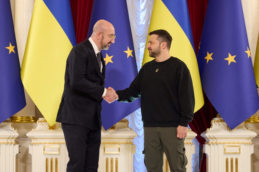 Ukraine's President Volodymyr Zelenskiy meets with President of the European Council Charles Michel, amid Russia's attack on Ukraine, in Kyiv, Ukraine November 21, 2023. — Ukrainian Presidential Press Service handout via Reuters