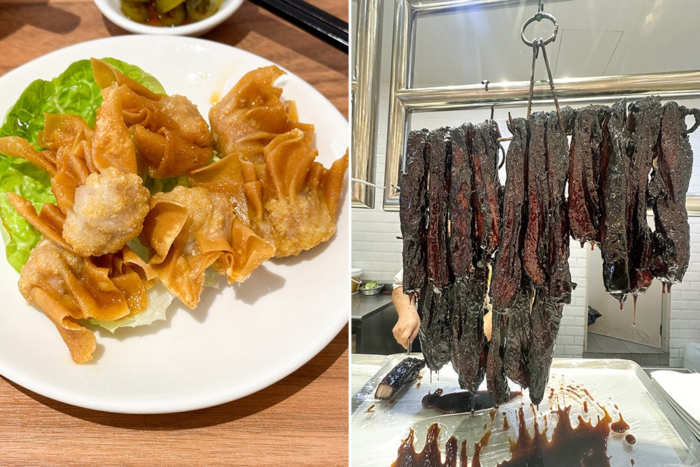 The popular Crispy Fried Prawn Wanton is what people order with their noodles or rice (left). You will be tempted by the sticky Honey Glazed Char Siew hanging inside the kitchen as you walk by (right).