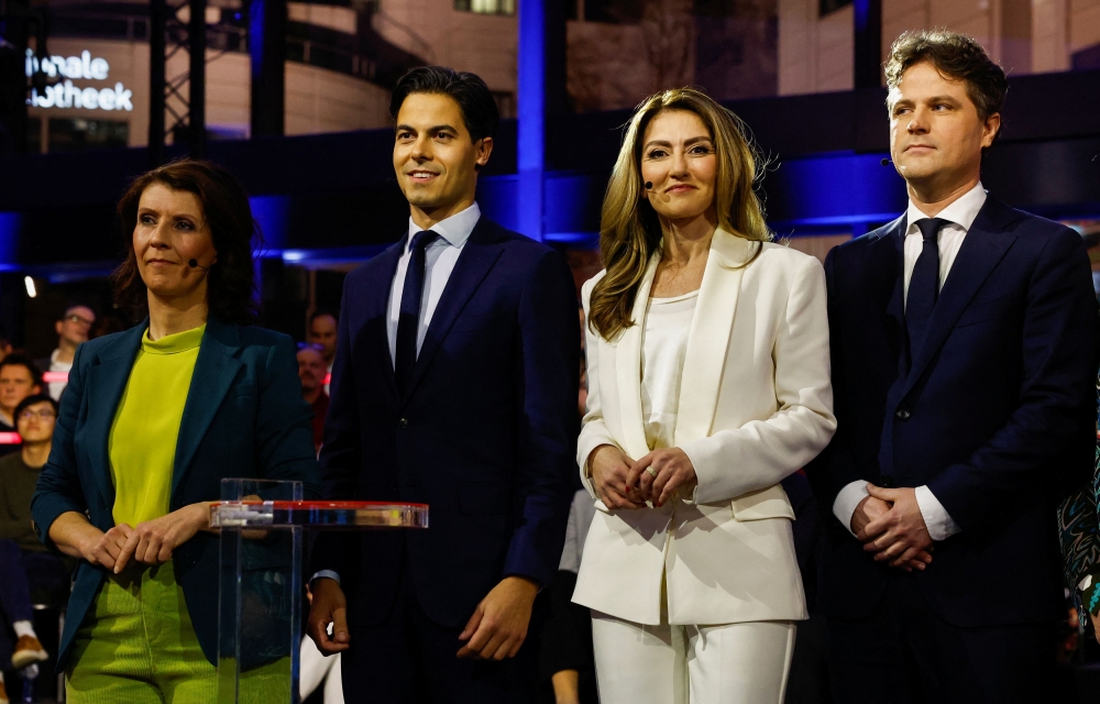 (L-R) Dutch leader of Party for the Animals, Esther Ouwehand; the leader of Democrats 66, Rob Jetten; the leader of VVD, Dilan Yesilgoz-Zegerius; and the leader of Christian Democratic Appeal, Henri Bontenbal attend the final debate between the lead candidates in the Dutch election before polls open today. — Reuters pic