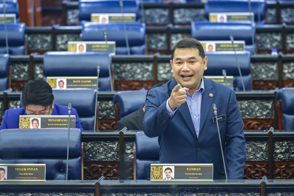 Minister of Economy Rafizi Ramli speaks at the Parliament in Kuala Lumpur November 22, 2023. — Bernama pic
