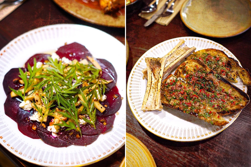 Beetroot carpaccio (left). Bone marrow toast (right).