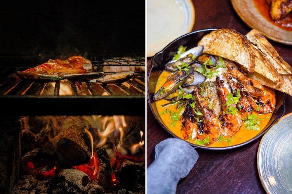 Grilling some shellfish (left). Seafood Skillet (right).