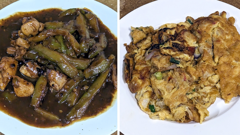 Braised Chicken and Bitter Gourd here has an incredibly addictive sauce (left). A simple Fu Yong Egg (right).