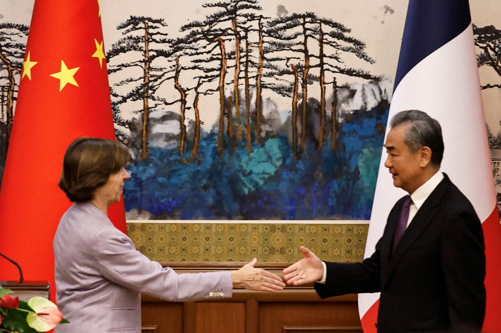 French Foreign Minister Catherine Colonna and Chinese Foreign Minister Wang Yi shake hands following a press conference at the Diaoyutai State Guesthouse in Beijing November 24, 2023. — Reuters pic