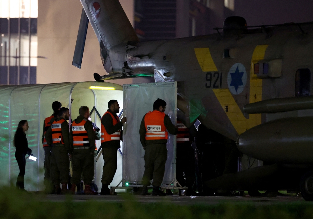 Hostages released as part of a deal between Israel and Palestinian group Hamas arrive by helicopter at Schneider Children's Medical Center in Petah Tikva, Israel November 24, 2023. ― Reuters pic