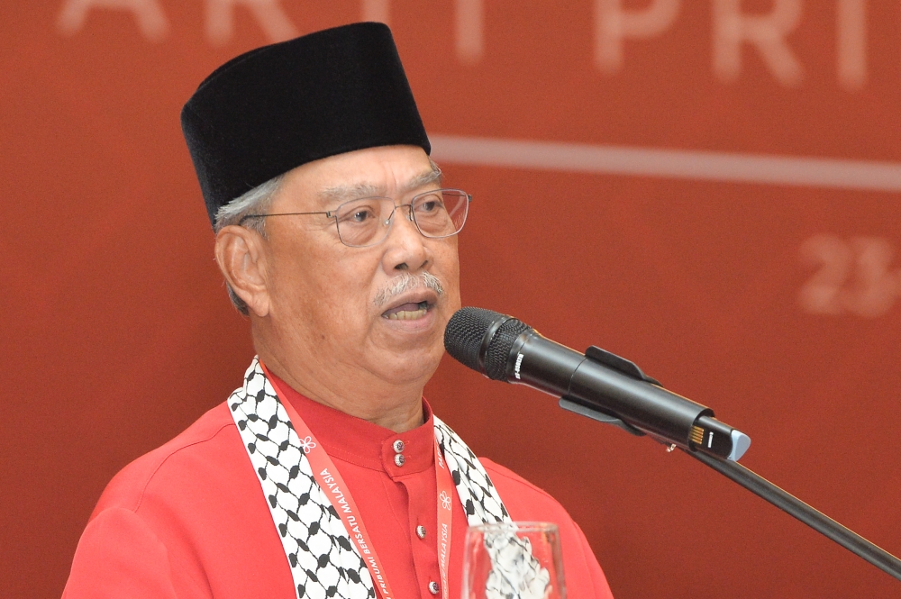Bersatu president, Tan Seri Muhyiddin Yassin giving a speech during the Parti Pribumi Bersatu 2023 AGM in Shah Alam on November 25,2023. — Picture by Miera Zulyana