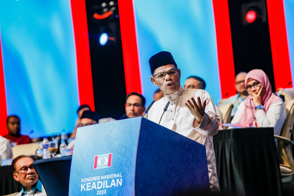 PKR secretary-general Datuk Seri Saifuddin Nasution Ismail speaking during the party's congress at the Putrajaya International Convention Centre (PICC) November 26, 2023. — Picture by Hari Anggara