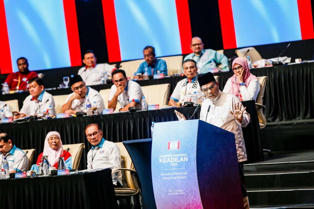 PKR secretary-general Datuk Seri Saifuddin Nasution Ismail speaking during the party's congress at the Putrajaya International Convention Centre (PICC) November 26, 2023. — Picture by Hari Anggara