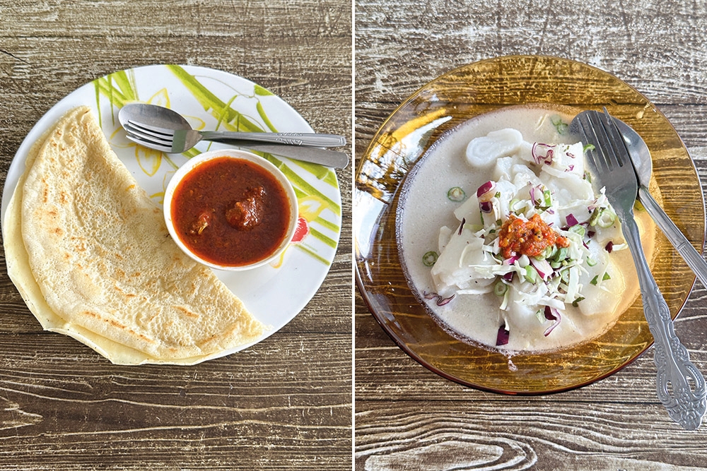 Freshly made 'lempeng' is divine with a piping hot, fluffy texture which pairs well with a not too spicy 'sambal' sardine (left). The 'laksam' is a dreamy concoction with handmade rolls of rice flour sheets and a light, flavourful fish and coconut milk broth plus vegetables (right).