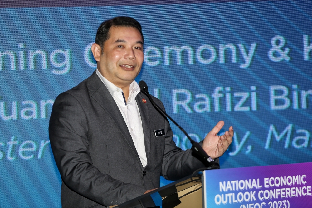 Economy Minister Rafizi Ramli gives his keynote address at the National Economic Outlook Conference at TRX in Kuala Lumpur November 27, 2023. — Picture by Choo Choy May