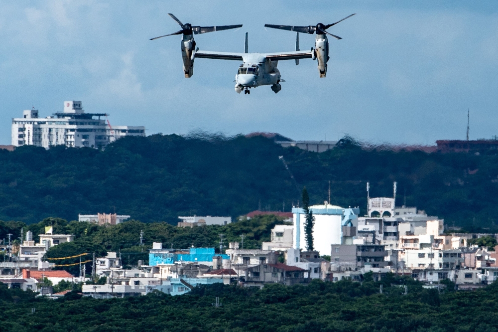 This file photo taken on August 23, 2022 shows a US military Osprey aircraft at the US Marine Corps Air Station Futenma in the Okinawa prefecture. — AFP pic