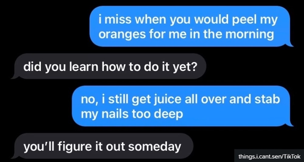 Orange peel theory is believed to have originated from this iMessage conversation between an individual and their ex. — Picture via TikTok/things.i.cant.sen