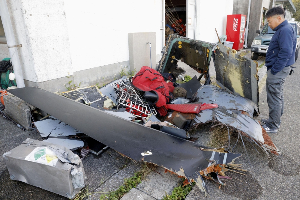 Wreckage believed to belong to the U.S. military aircraft V-22 Osprey that crashed into the sea is collected at Anbo port at Yakushima Island, Kagoshima prefecture, western Japan November 30, 2023, in this photo taken by Kyodo. — Kyodo pic via Reuters