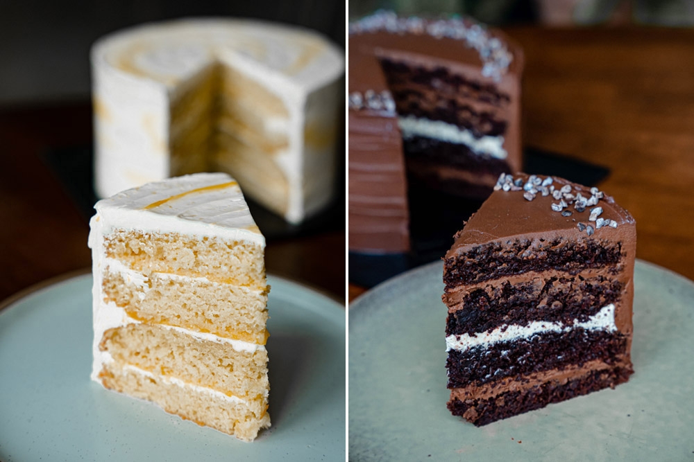Vanilla Cake with Lemon Buttercream and Passionfruit Curd (left). Chocolate Cake with Hazelnut Buttercream and Dark Chocolate Ganache (right).