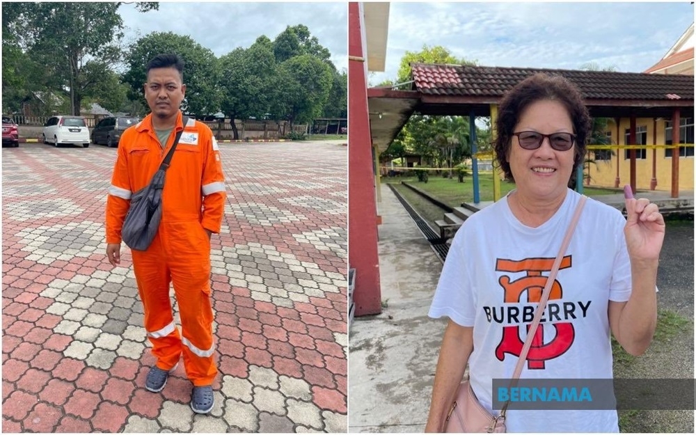 (From left) Kamal Abd Wahab and Low Ah Looi are seen at voting centres to cast their ballot for the Kemaman by-election December 2, 2023. — Picture via X/Bernama 