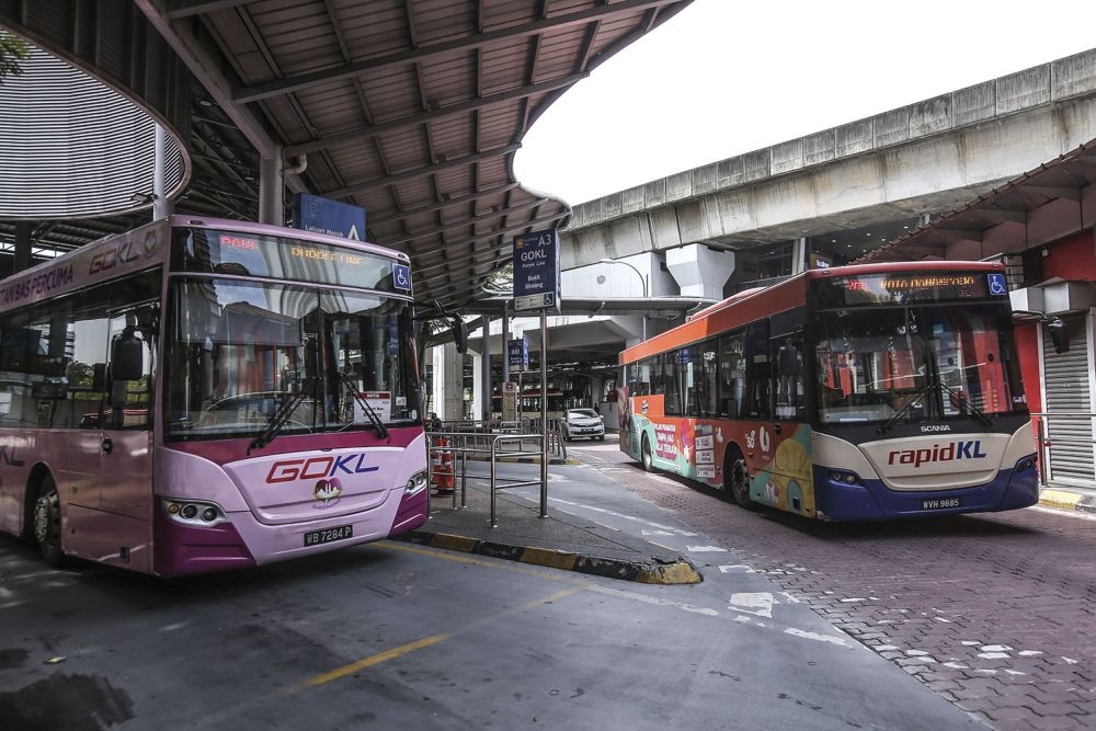 RapidKL and GoKL buses are seen at the Pasar Seni bus station in Kuala Lumpur November 3, 2020. — Picture by Hari Anggara