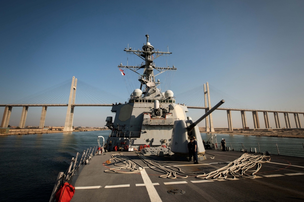 The US Navy Arleigh Burke-class guided-missile destroyer USS Carney transits the Suez Canal, Egypt October 18, 2023. — US Navy/Mass Communication Specialist 2nd Class Aaron Lau/Handout via Reuters