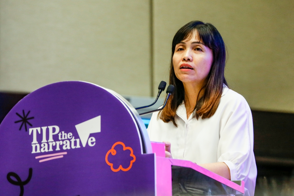 Communications and Digital Deputy Minister Teo Nie Ching delivers a speech at the ‘Tip the Narrative: Trafficking in the Digital Space’ seminar in Kuala Lumpur, December 5, 2023. — Picture by Hari Anggara