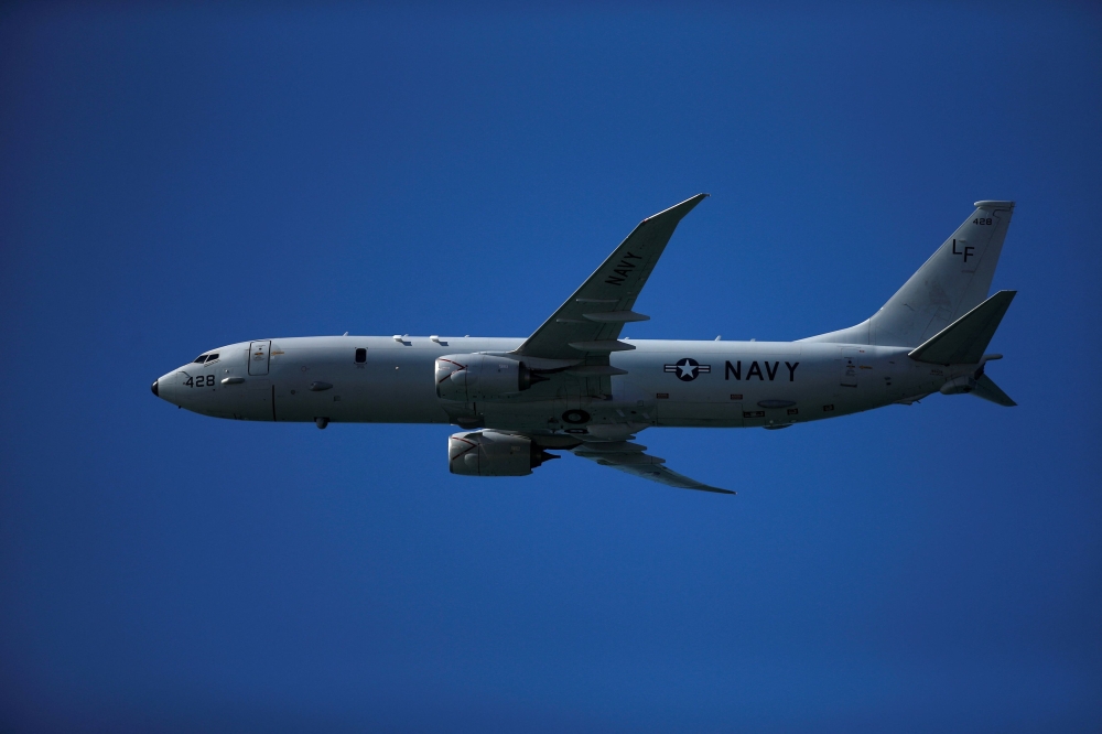 The US Navy's 7th Fleet said the P-8A Poseidon maritime patrol and reconnaissance plane, which is also used for anti-submarine missions, flew over the strait in international airspace. ― Reuters file pic