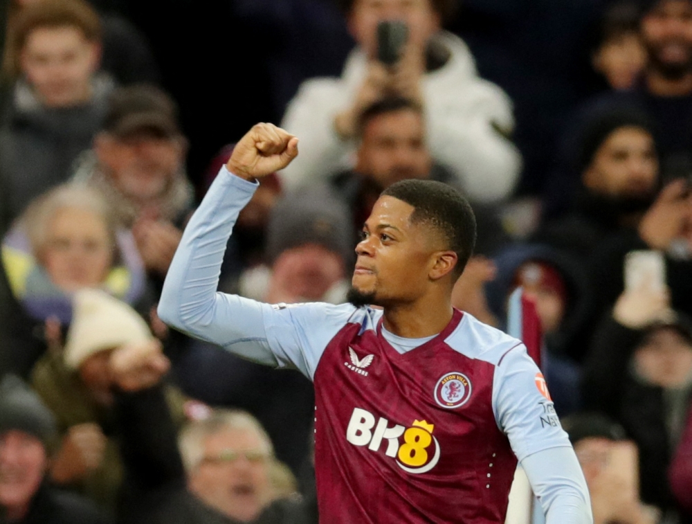 Aston Villa's Leon Bailey celebrates after scoring the first goal against Manchester City December 7, 2023. ― Reuters pic