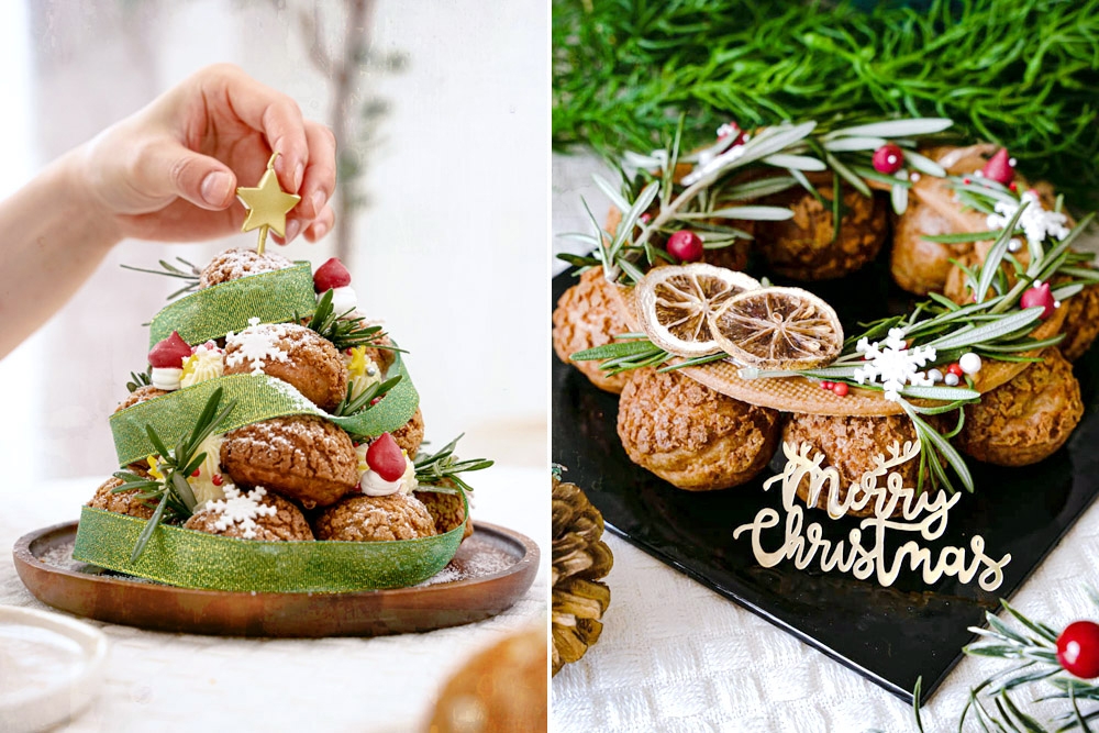 Christmas Tree (left) and Christmas Wreath (right) by Pǐn 品 made from 'choux' pastries. – Pictures courtesy of Pǐn 品
