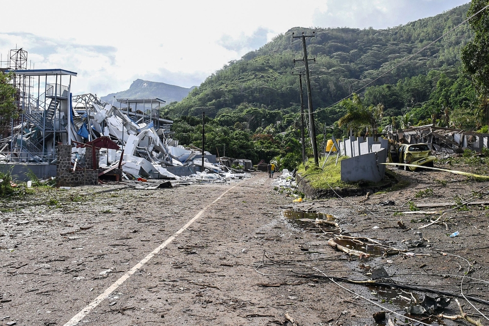 Damaged infrastructure is seen following an explosion at the Providence industrial area in Mahe on December 7, 2023. Seychelles President Wavel Ramkalawan declared a state of emergency on December 7, 2023, ordering citizens to stay at home after a blast at an explosives store and flooding due to heavy rain caused massive damage. — AFP pic