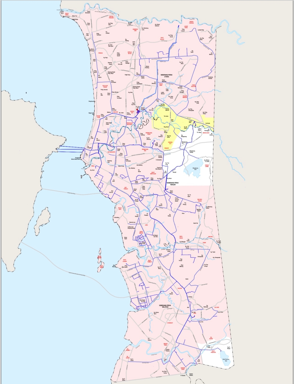 The pink areas in Seberang Perai are the places affected by the water supply disruption from January 10 to 14. — Picture courtesy of PBAPP