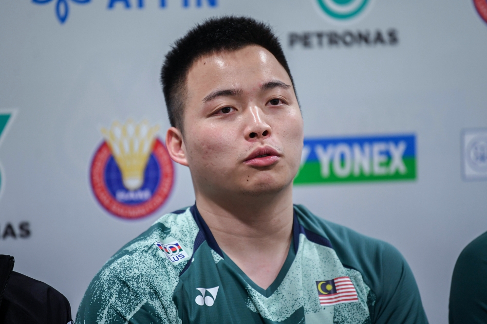 National top men’s doubles shuttler Aaron Chia at a press conference here today ahead of the WTF 2023. — Bernama pic
