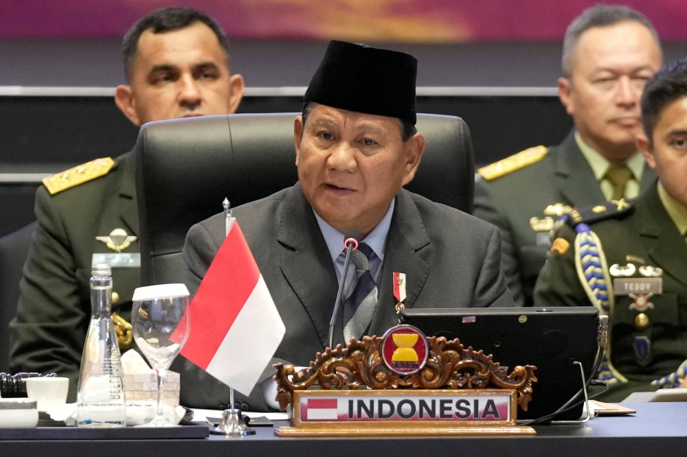 File photo of Indonesia’s Defence Minister Prabowo Subianto delivering his remarks during the opening session of the Association of Southeast Asian Nations Defence Ministers Meeting in Jakarta, Indonesia, November 15, 2023. — Reuters pic