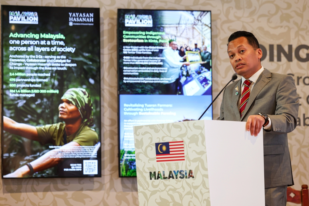 Minister of Natural Resources, Environment and Climate Change Nik Nazmi Nik Ahmad delivers his opening remarks at the Protecting Our Nature and Biodiversity Treasures: Malaysia’s Role as a Superpower in Biodiversity event in Malaysia Pavilion at the 28th Conference of Parties (COP28) to the United Nations Framework Convention on Climate Change (UNFCC), in Dubai Expo City December , 2023. — Bernama pic 